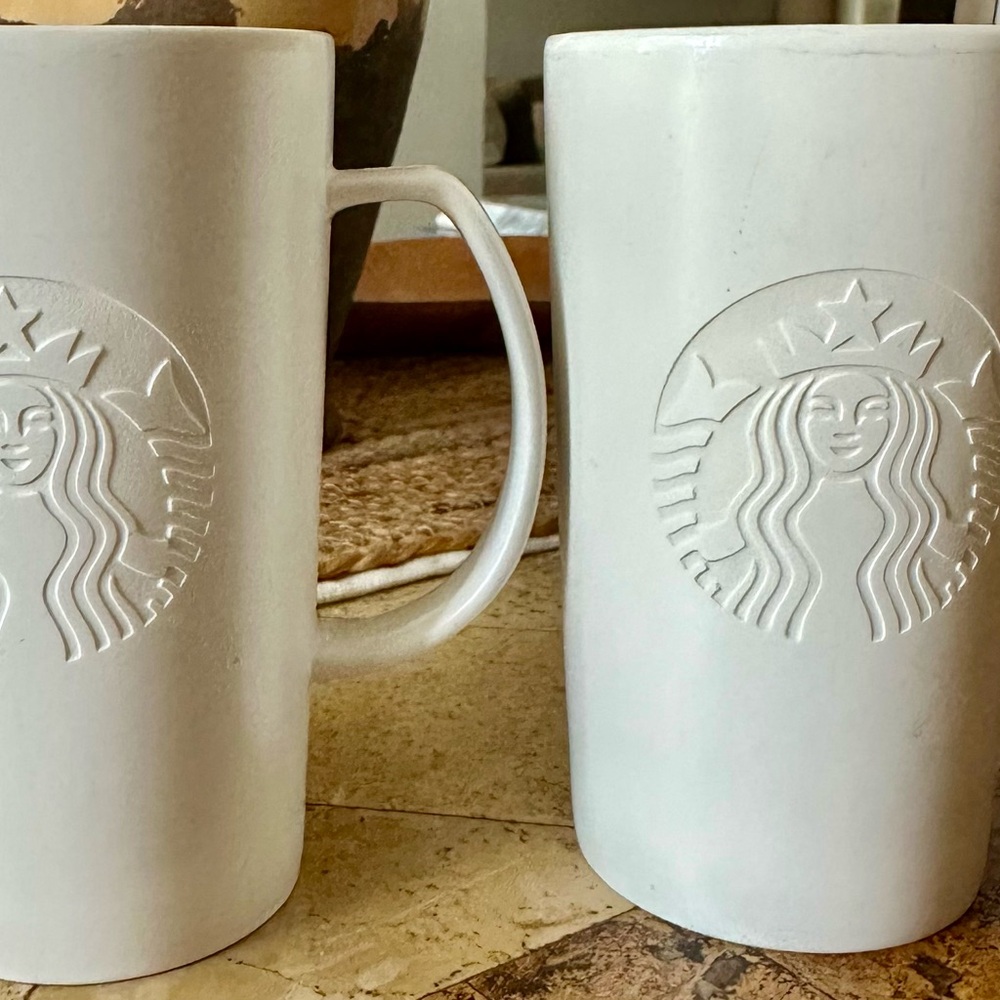 2 Starbucks 2014 Etched Mermaid 16oz. Ceramic Coffee Mugs White - read desc.